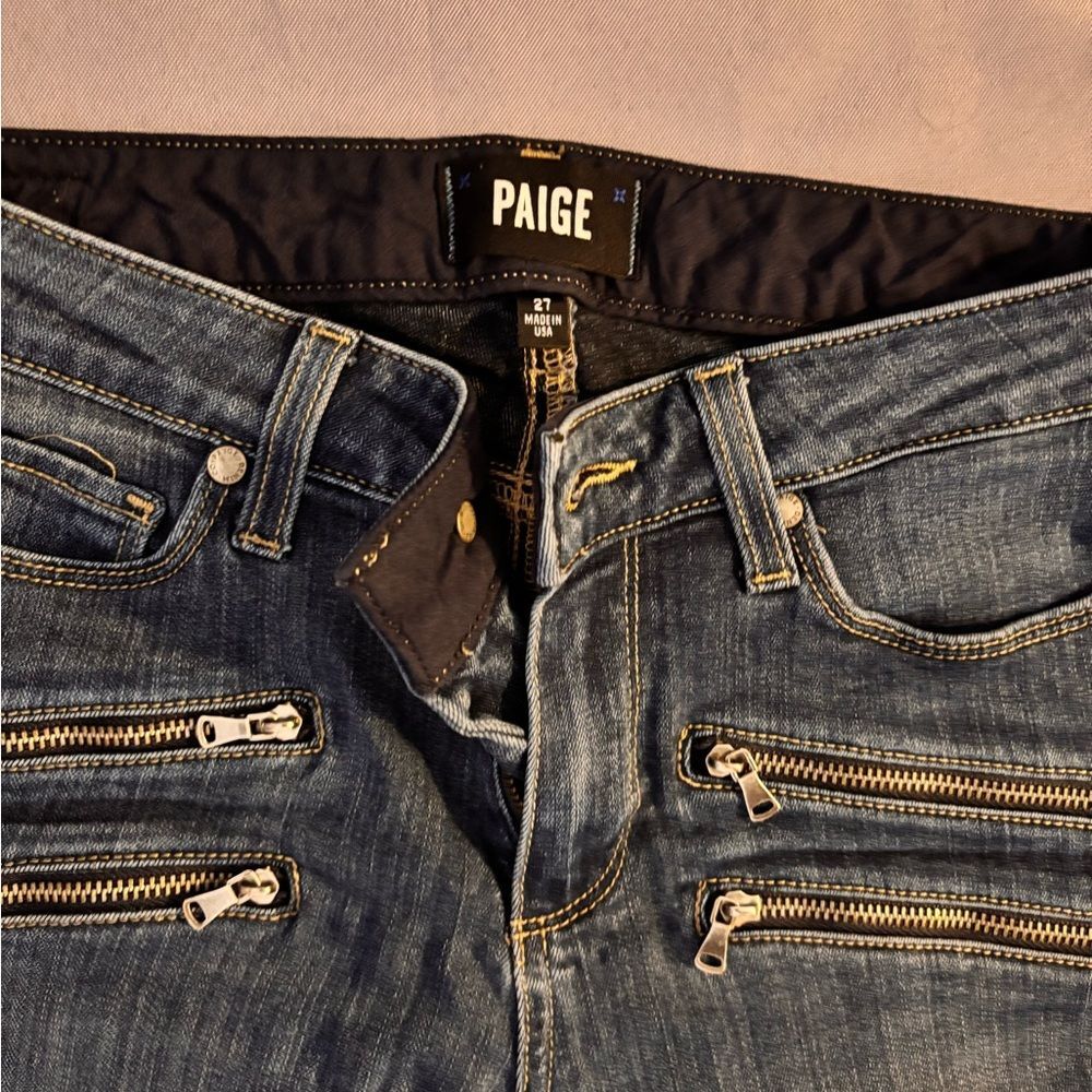 PAIGE Women's Skinny Jeans in Dark Blue Denim with Silver Zippers